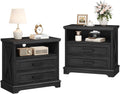 24 Inch Wide Farmhouse Nightstands Set of 2 with Charging Station, Dark Gray Nightstand with 2 Large Drawers, Rustic Wood End Table for Bedroom