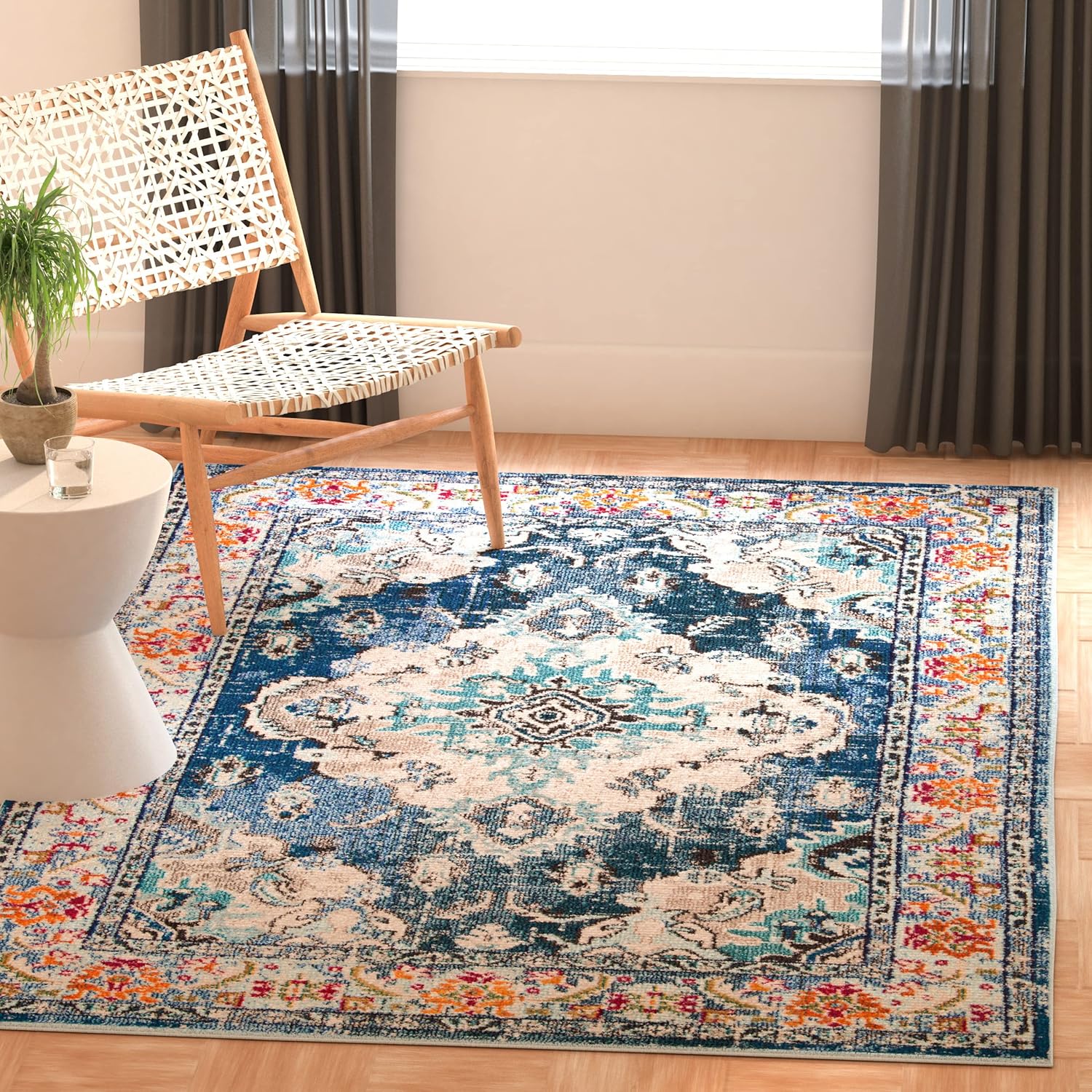 SAFAVIEH Monaco Collection Area Rug - 12' Square, Navy & Light Blue, Non-Shedding & Easy to Clean, Distressed Medallion Design, Ideal for Living Room, Bedroom, Dining Space (MNC243N)