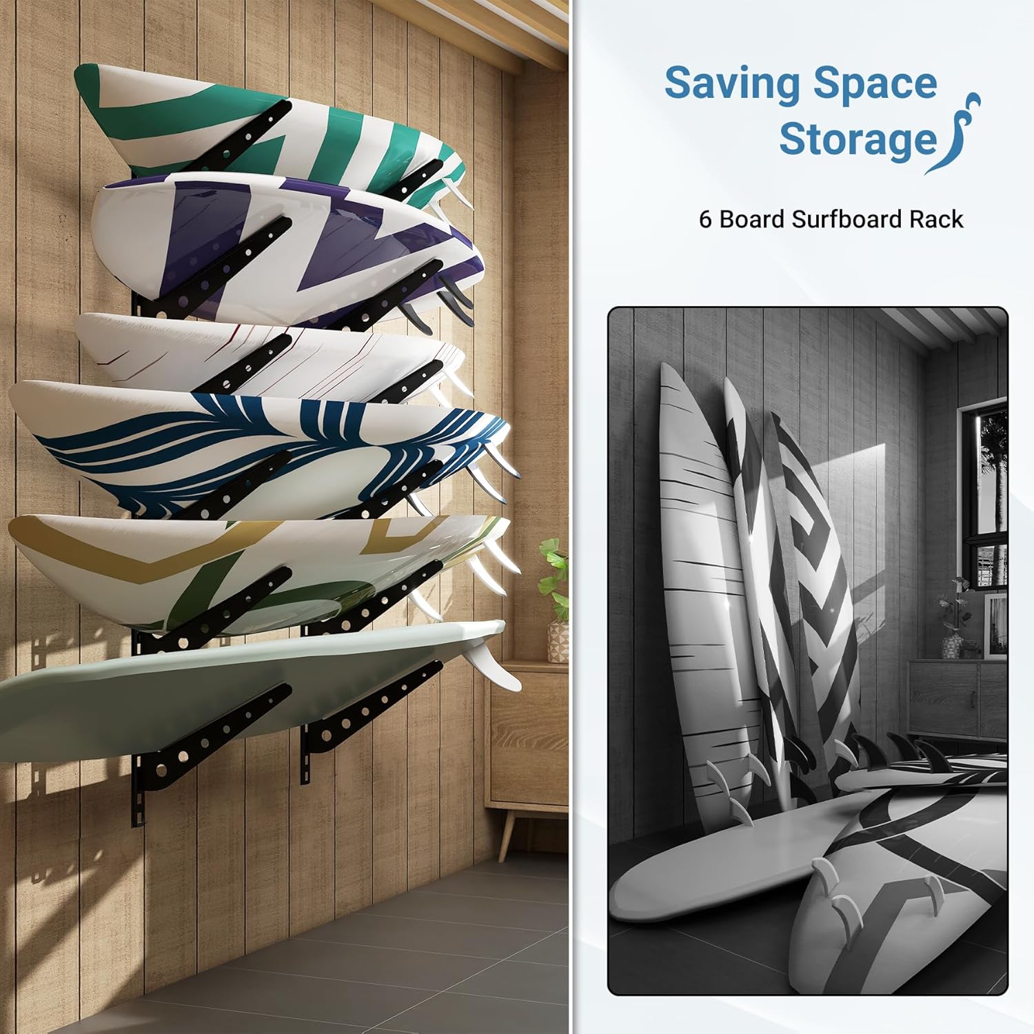 2/3/4/6 Board Horizontal Surfboard Rack, Adjustable Surfboard Wall Mount Display, Surfboard Wall Rack Board Storage Mount System at Home and Garage