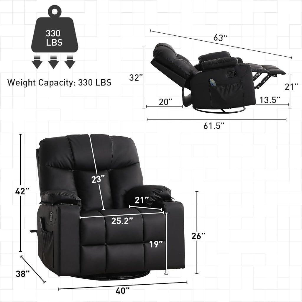 Bonzy Home Oversized Swivel Rocker Recliner, 40" Rocking Recliner Chair with Heated and Massage, PU Leather Single Sofa with Swivel Function, 2 Cup Holders for Living Room Bedroom, Black