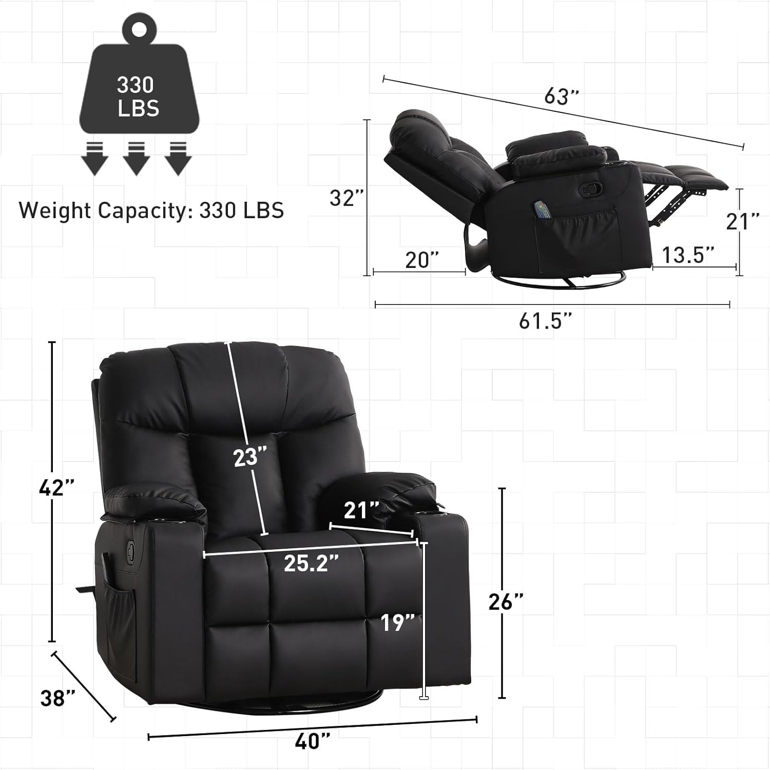 Bonzy Home Oversized Swivel Rocker Recliner, 40" Rocking Recliner Chair with Heated and Massage, PU Leather Single Sofa with Swivel Function, 2 Cup Holders for Living Room Bedroom, Black