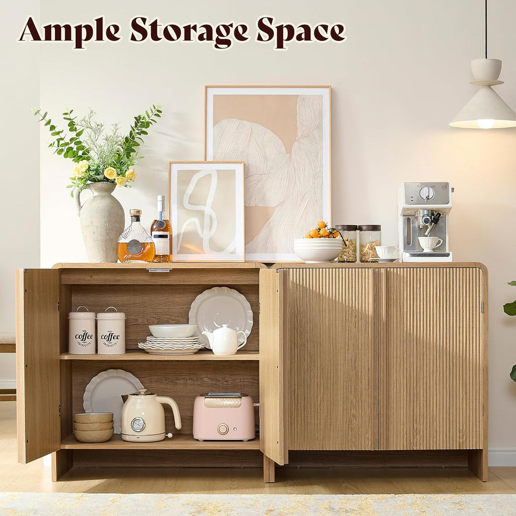 AMERLIFE Fluted Buffet Cabinet with Storage, Modern Sideboard Cabinet with 2 Doors & Adjustable Shelf, Console Table & Credenza for Living Room, Dining Room & Entryway, Natural Oak