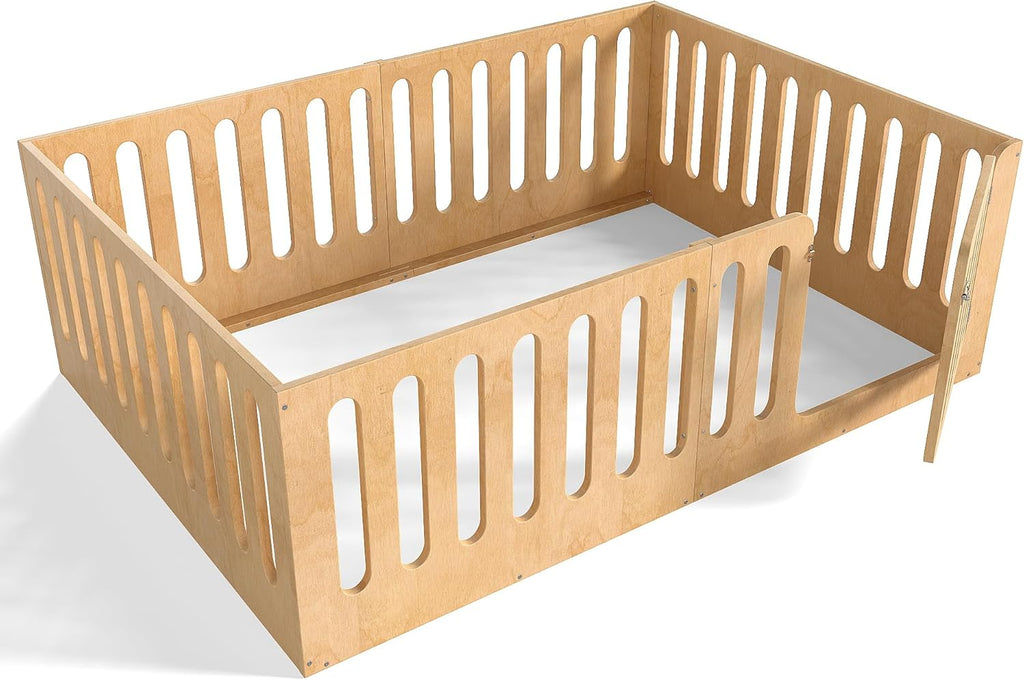 Bellemave Full Size Kids Montessori Floor Bed,Full Size Floor Bed Frame with High Fence and Door,Solid Wood Montessori Bed for Girls Boys,Natural