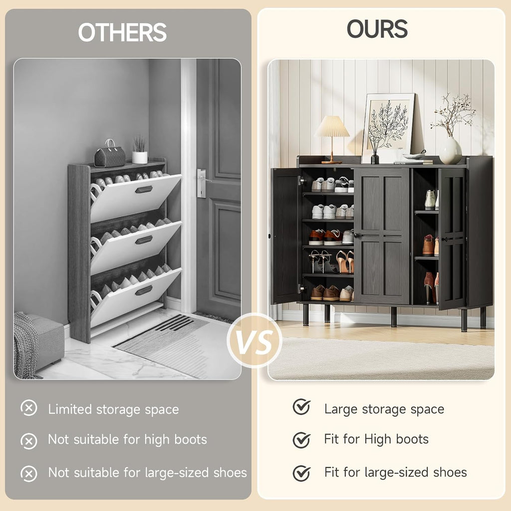 ONBRILL Shoe Cabinet with 3 Doors and Adjustable Shelves, 30 Pairs Shoe Storage Cabinet, 40 Inch Tall Farmhouse Shoe Rack Shoe Organizer Cabinet for Entryway Living Room Closet, Black