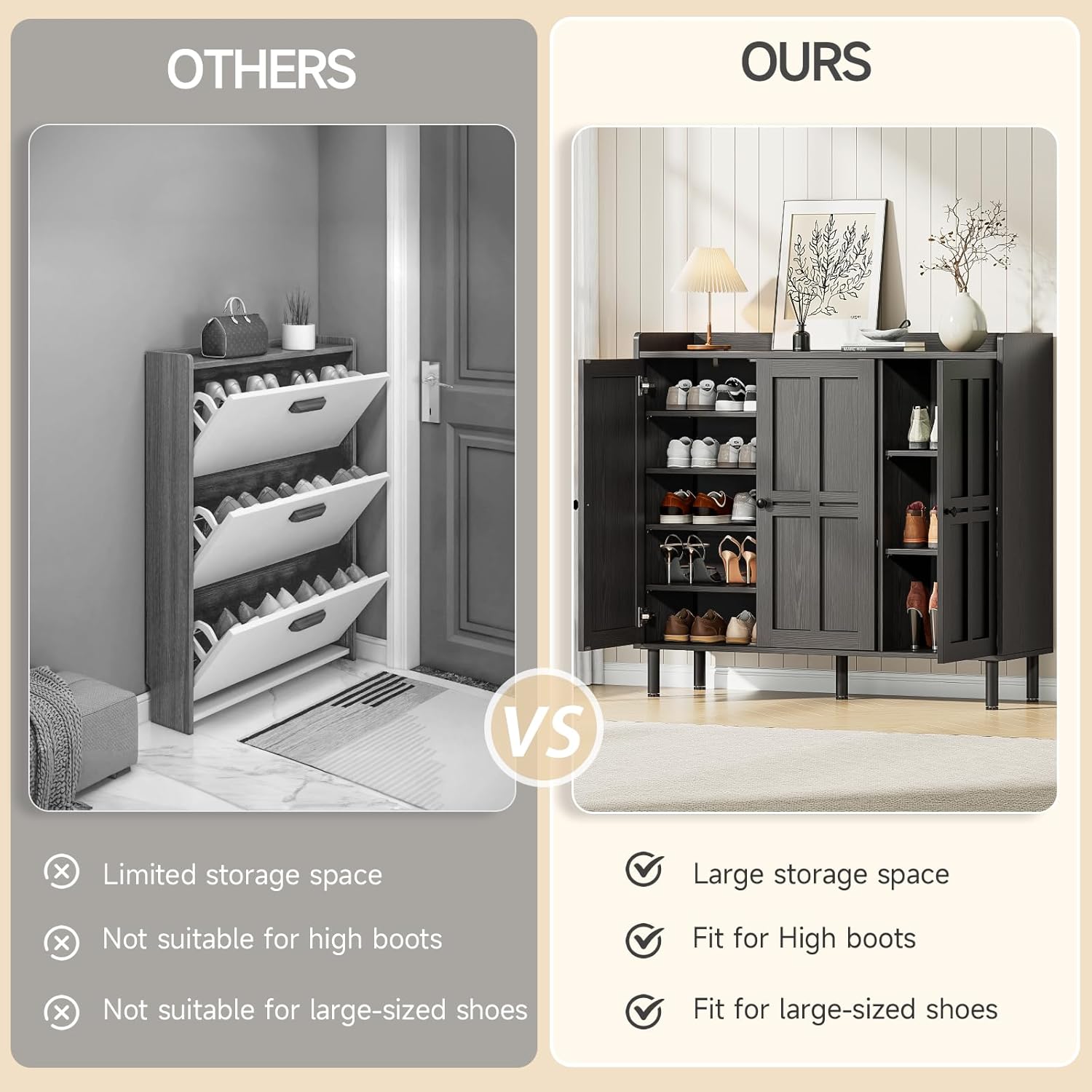 ONBRILL Shoe Cabinet with 3 Doors and Adjustable Shelves, 30 Pairs Shoe Storage Cabinet, 40 Inch Tall Farmhouse Shoe Rack Shoe Organizer Cabinet for Entryway Living Room Closet, Black