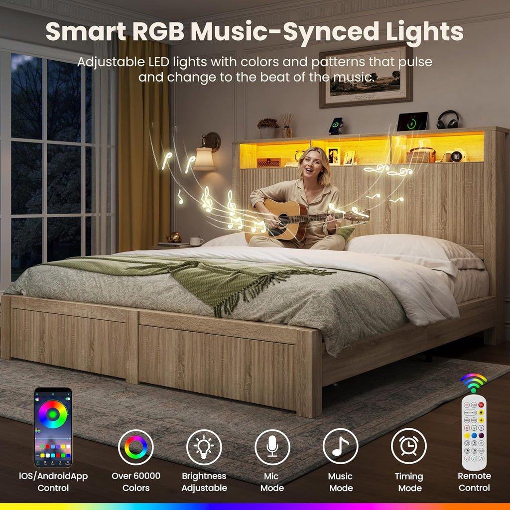 CypBed King Size Bed Frame with 2 Storage Drawers, Charging Port & LED Light, Wood King Bed Frame and 2-Tier Headboard,Farmhouse Wavy Design, Metal Platform, Noise-Free, No Box Spring Needed, Wood