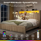 CypBed King Size Bed Frame with 2 Storage Drawers, Charging Port & LED Light, Wood King Bed Frame and 2-Tier Headboard,Farmhouse Wavy Design, Metal Platform, Noise-Free, No Box Spring Needed, Wood
