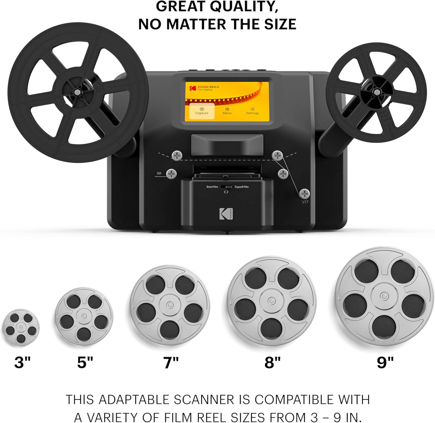 KODAK REELS 8mm & Super 8 Films Digitizer Converter with Big 5” Screen  Scanner Converts Film Frame by Frame to Digital MP4 Files for Viewing  Sharing & Saving on SD Card for 3” 4” 5” 7” and 9” Reels