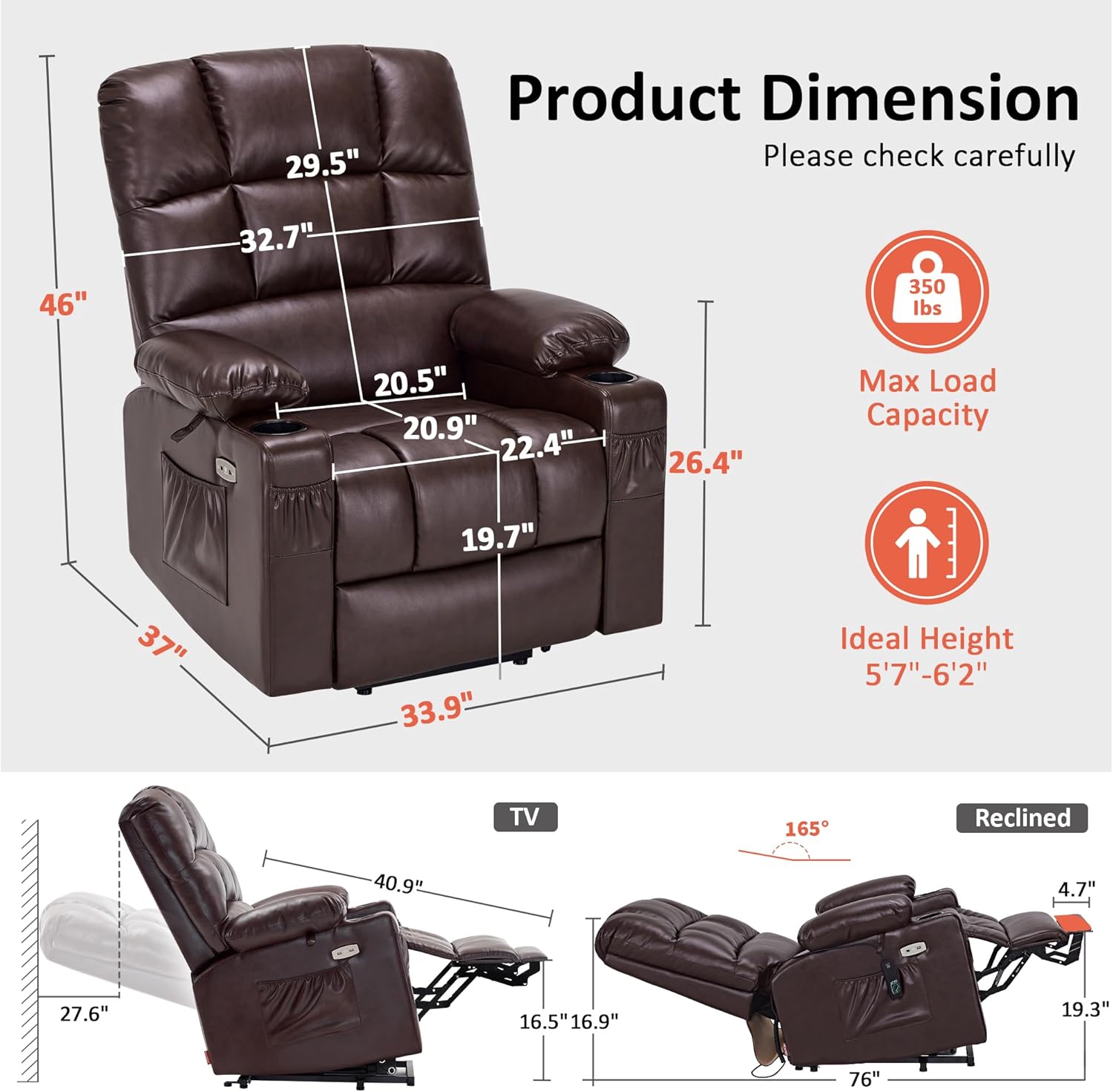 MCombo Large Dual Motor Power Lift Recliner Chair for Elderly, Massage and Heat, Lay Flat, Zero Gravity, Home Button, USB Port, Faux Leather 7680 (Dark Brown, Large)