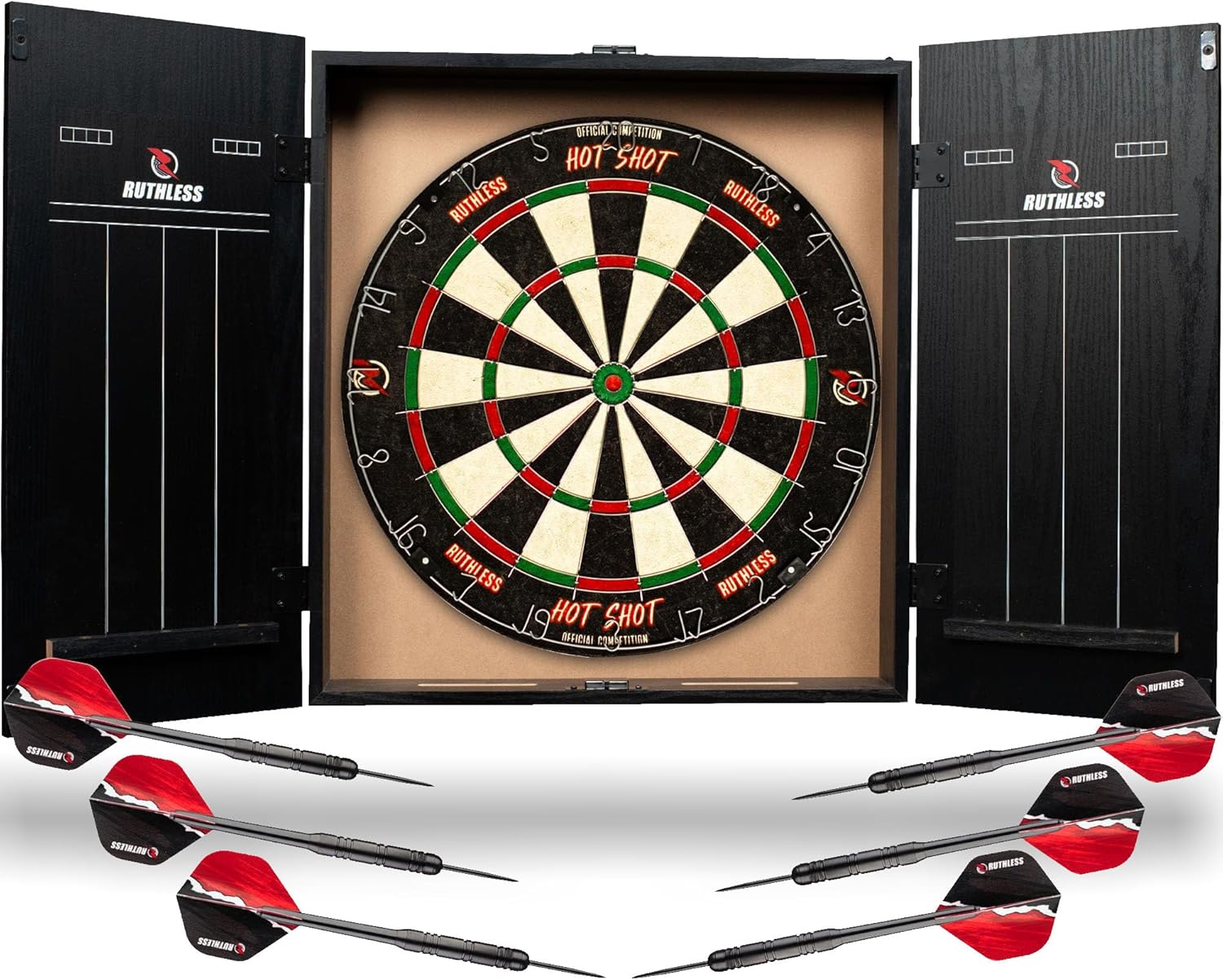 Ruthless Home Darts Centre with or Without LED Light Options | Home Dart Board Centre Including Cabinet, Dartboard and 2 Sets of Darts.