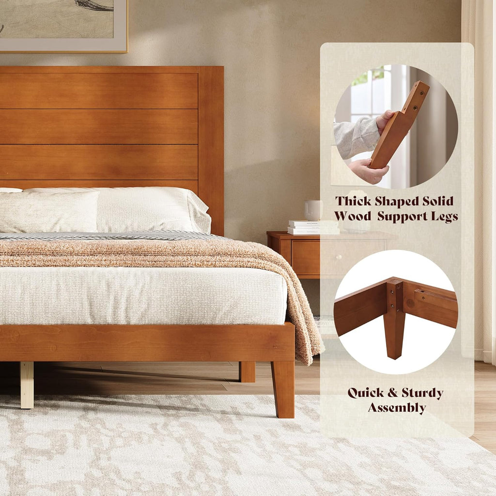 AMERLIFE Queen Sizes Solid Wood Bed Frame with 48" Headboard, Mid Century Modern Platform Bed with Silent Wood Slat System, No Box Spring Needed, Under-Bed Storage, Brown