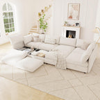 125" Chenille Modular Sectional Sofa Bed Hidden Storage, Convertible L U Shaped Sleeper Couch, 8 Seat Modern Modular Sectional Sofa with Removable Covers & Ottoman Chaise, for Living Room, Beige