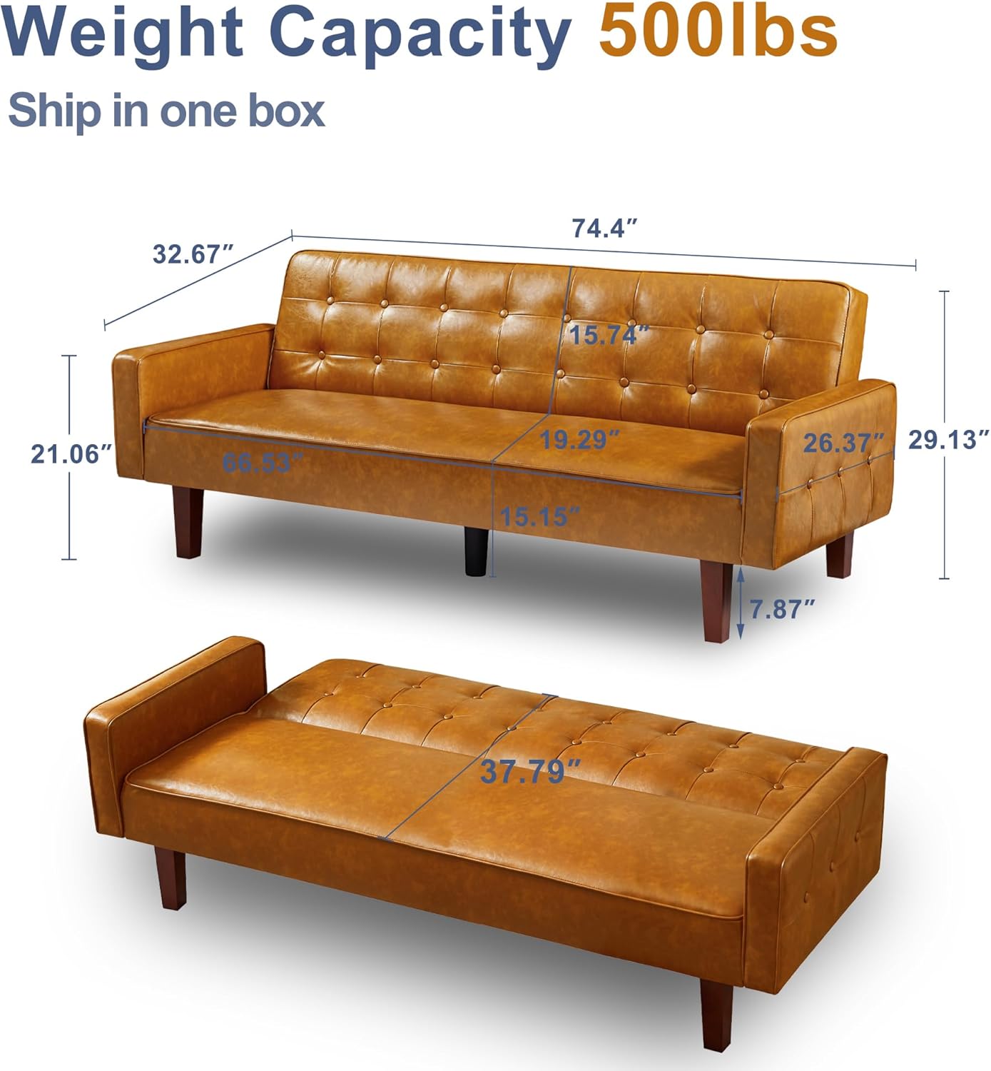 74" Futon Sofa Bed, Mid Century Modern Futon Couch, Small Sofa Cama, Loveseat, Small Couches for Living Room, Office(Faux Leather, Brown)