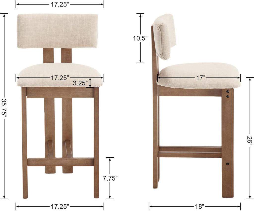 Mid Century Modern 26" Counter Bar Stools Set of 2, Farmhouse Comfy Upholstered Wooden Counter Height Barstools with Footrest for Kitchen Island/Home Bar/Cafe, Linen Beige White
