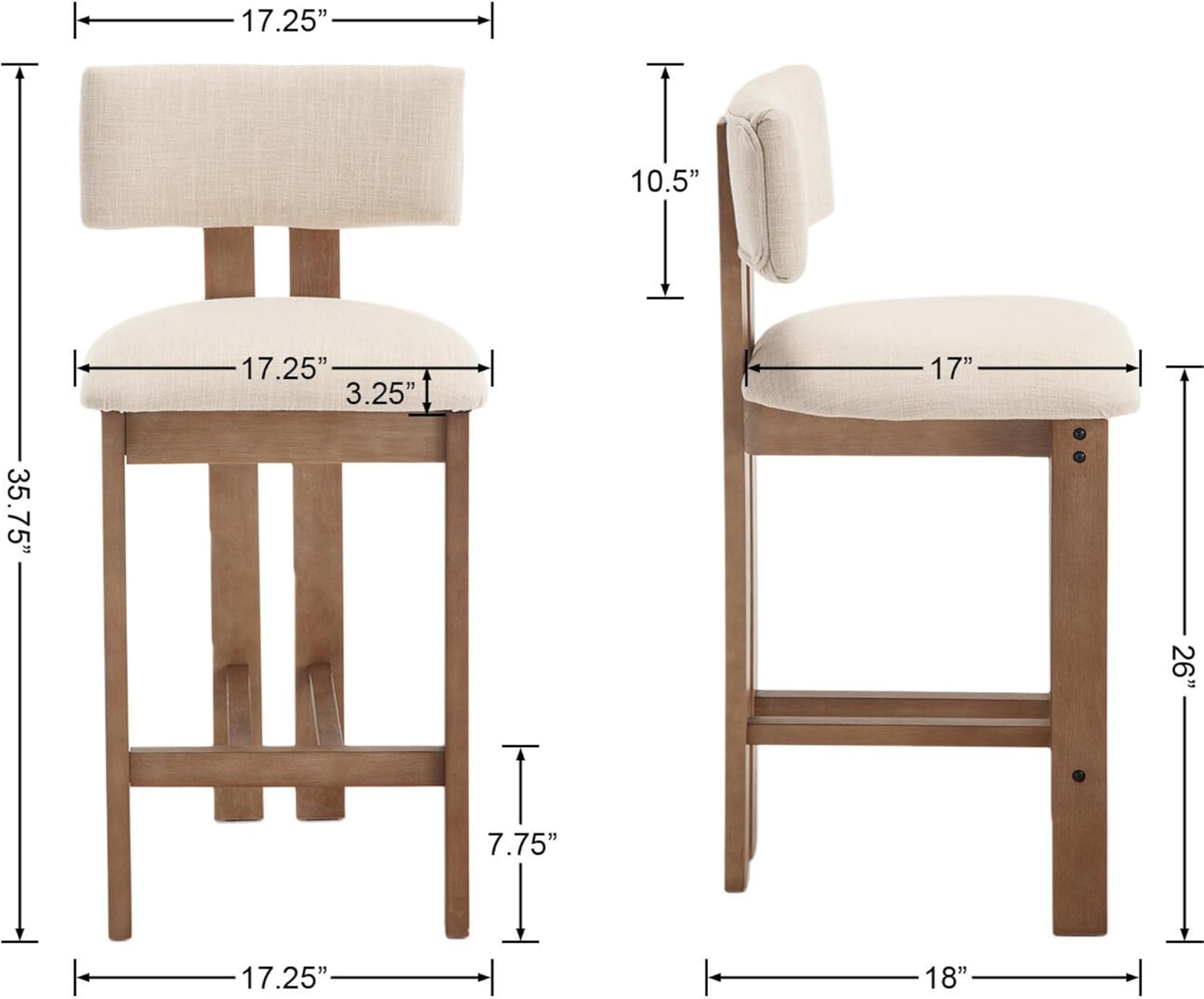 Mid Century Modern 26" Counter Bar Stools Set of 2, Farmhouse Comfy Upholstered Wooden Counter Height Barstools with Footrest for Kitchen Island/Home Bar/Cafe, Linen Beige White
