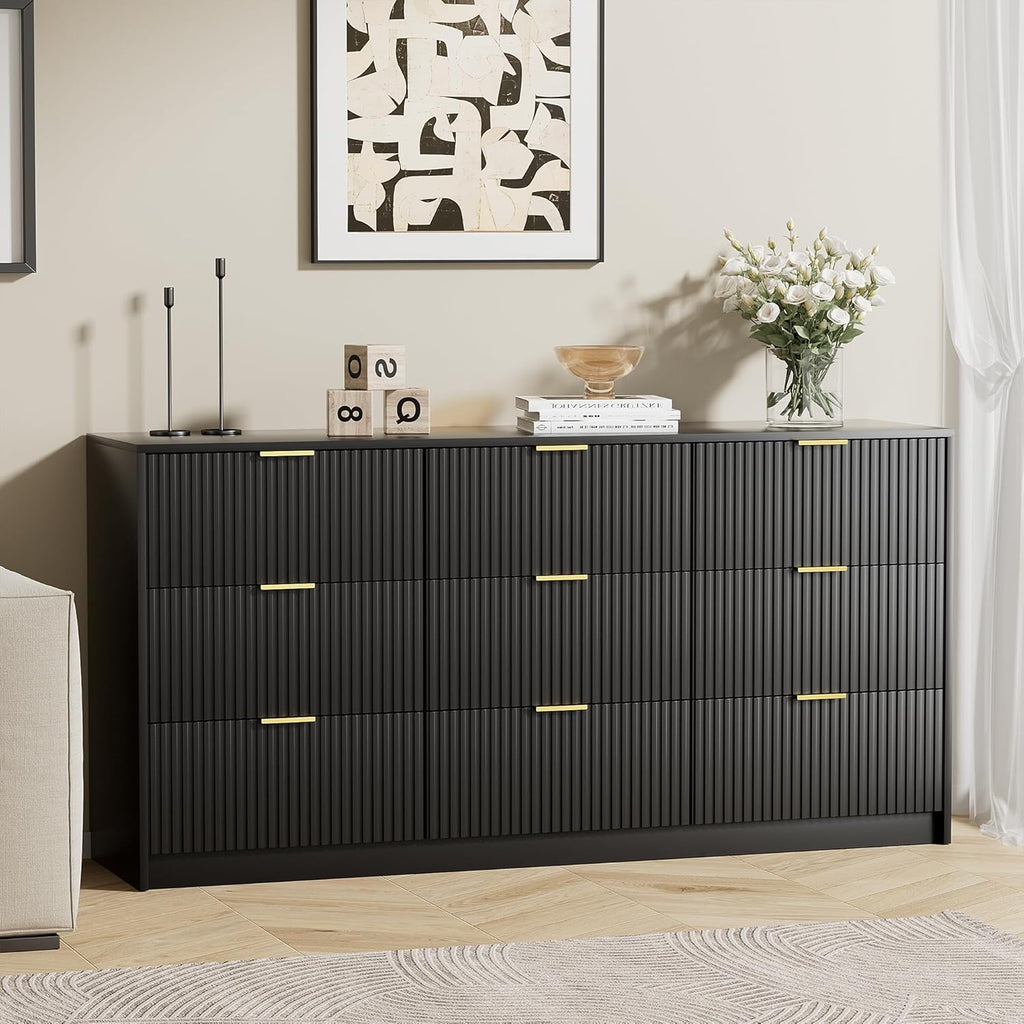 Black Dresser for Bedroom, Modern Dresser with 9 Drawers and Smooth Slides, Wide Chest of Drawers with Golden Handles for Bedroom, Living Room, Closet, 15.7" D x 63" W x 31.5" H