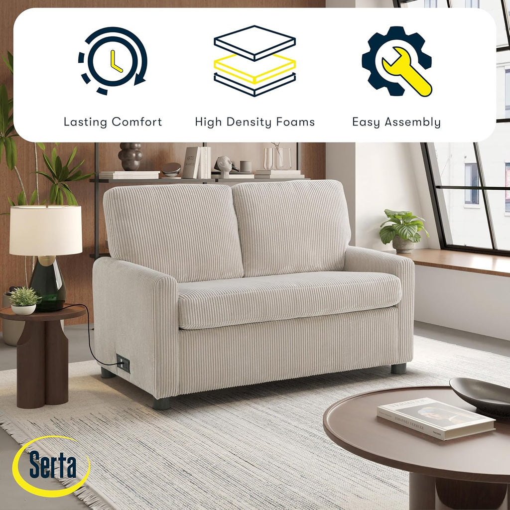 Serta® Darnold 53.5" Pull-Out Sleeper Loveseat, Twin Size, Dreamcoil® Comfort, Memory Foam Pull-Out Mattress, USB-C and USB-A Power Ports, Soft Corduroy Fabric, Beige