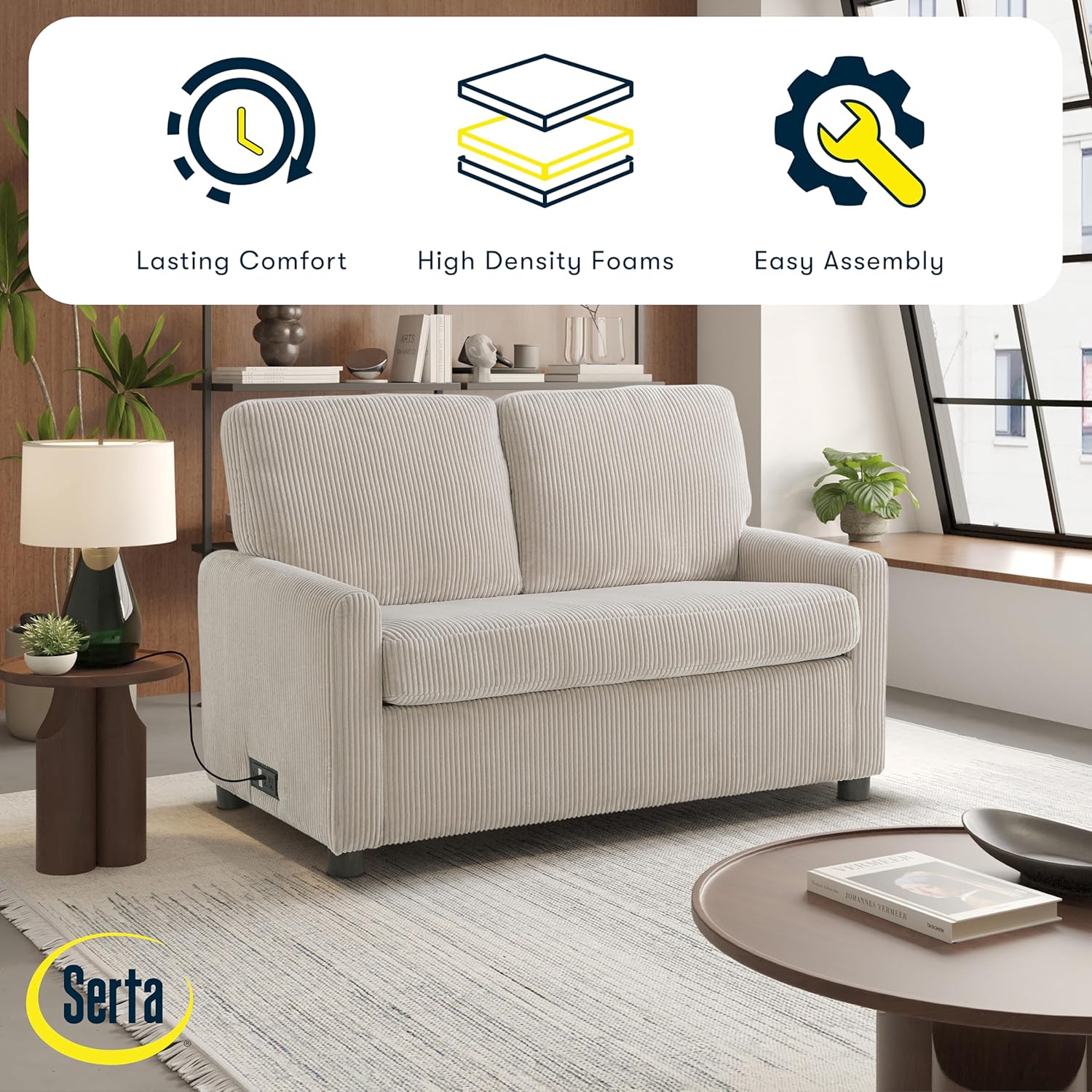 Serta® Darnold 53.5" Pull-Out Sleeper Loveseat, Twin Size, Dreamcoil® Comfort, Memory Foam Pull-Out Mattress, USB-C and USB-A Power Ports, Soft Corduroy Fabric, Beige