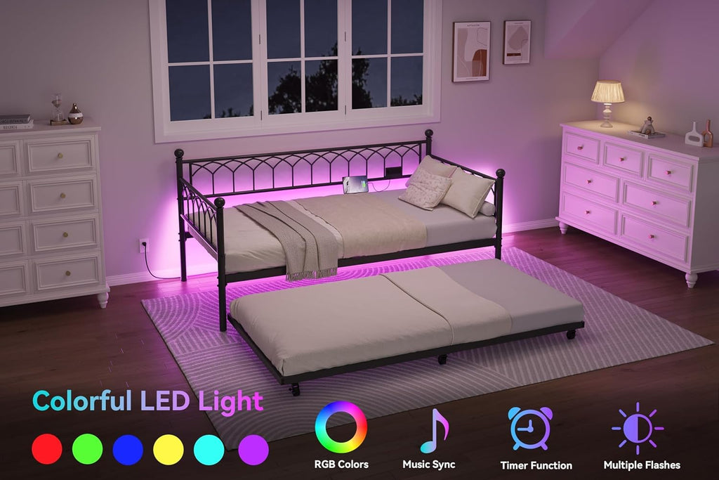 IDEALHOUSE Twin Size Daybed with Trundle, Sofa Bed Frame with Charging Station and LED Lights, Heavy Duty Metal Bed Frame, for Small Spaces, Living Room, Bedroom, Apartment, Black
