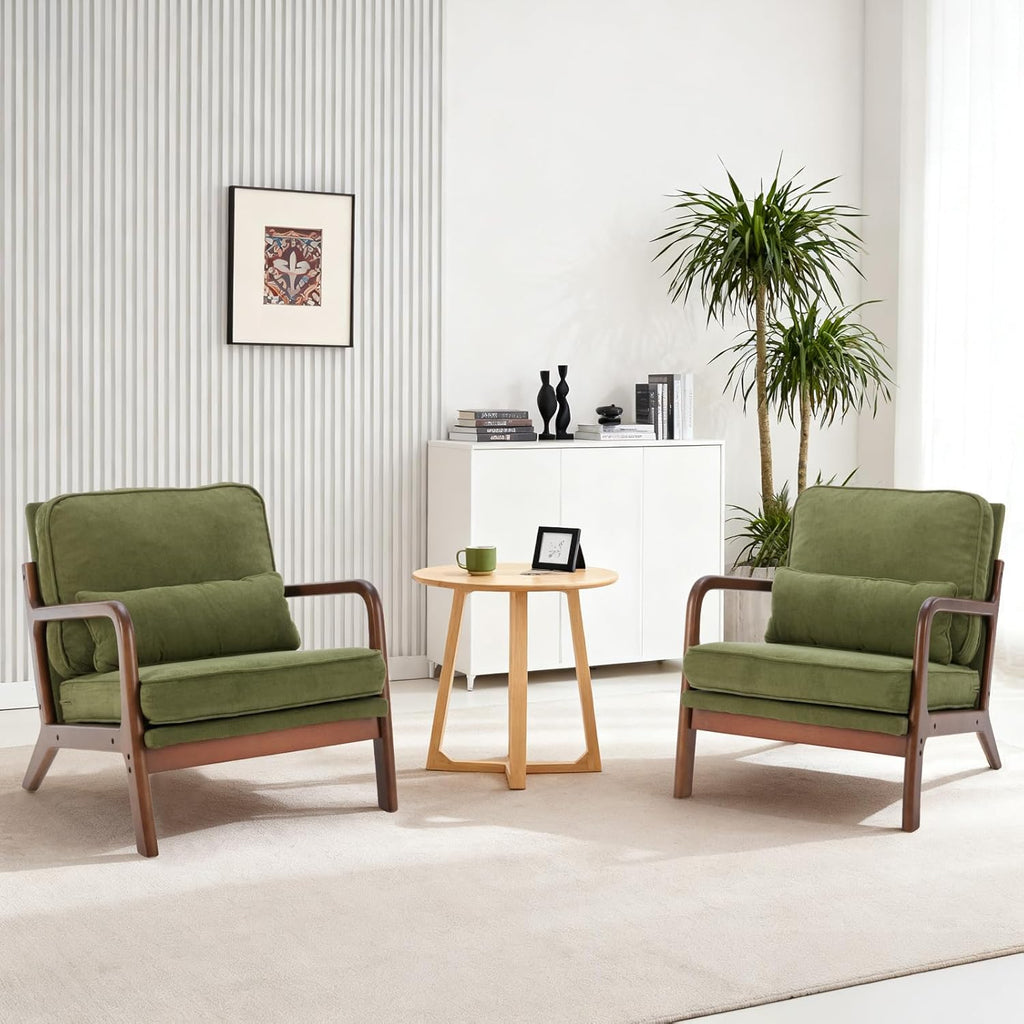 DUMOS Mid Century Accent Chair, Modern Living Room Chairs with Arms and Waist Cushion, Reading Chairs for Adults, Lounge Chair for Bedroom, Solid Wooden Frame, Classic Green