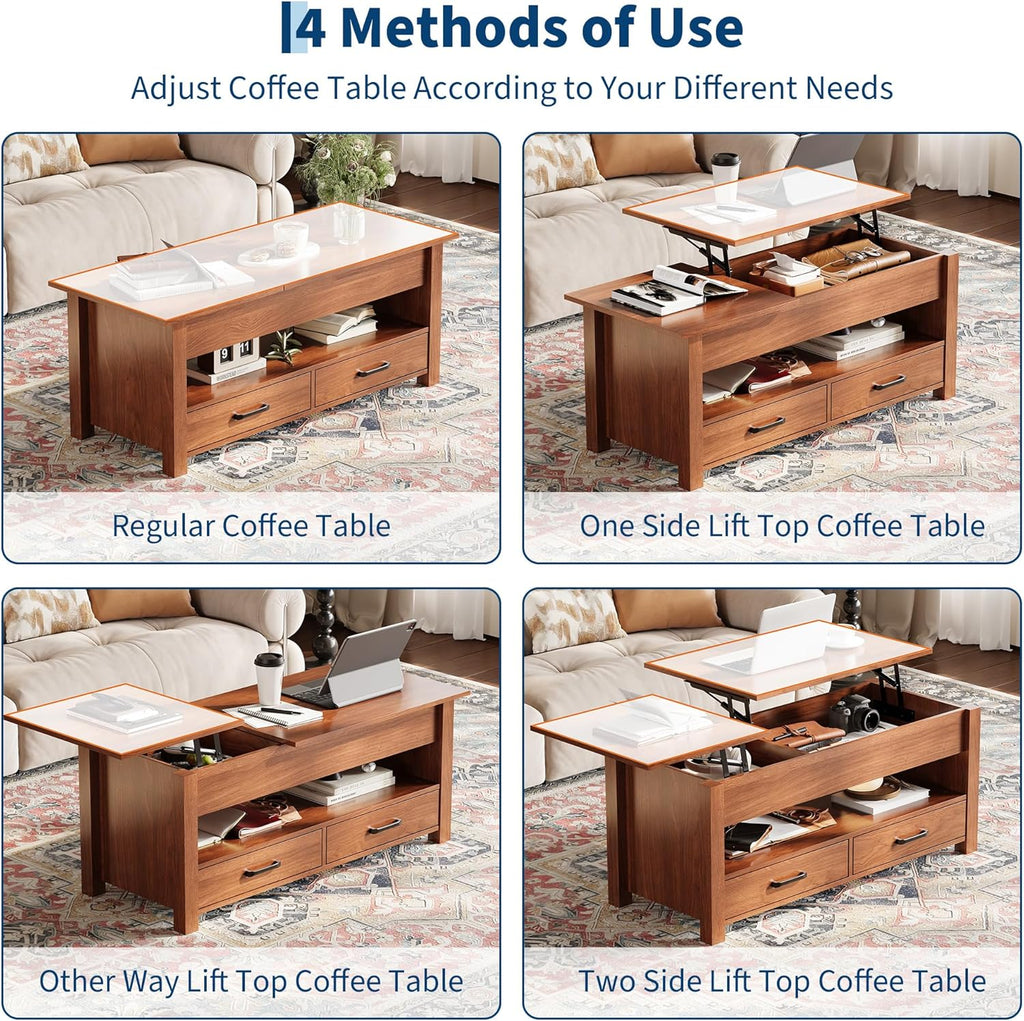 GarveeHome Coffee Table Lift Top, Convertible Coffee Table with Wooden Lift Tabletop, 2 Drawers and Hidden Compartment, Central Table with Storage for Living Room Home Office, Brown