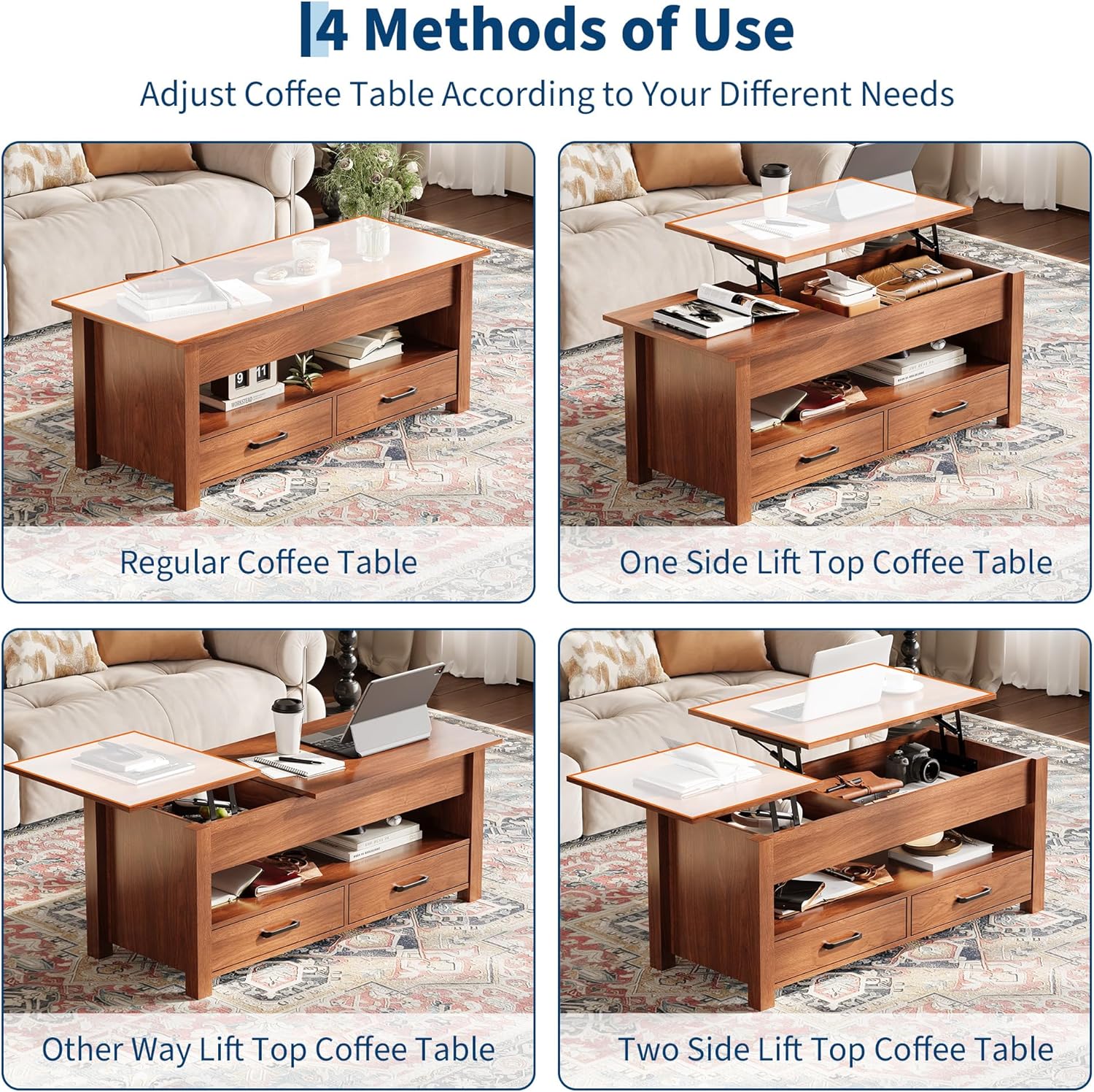 GarveeHome Coffee Table Lift Top, Convertible Coffee Table with Wooden Lift Tabletop, 2 Drawers and Hidden Compartment, Central Table with Storage for Living Room Home Office, Brown