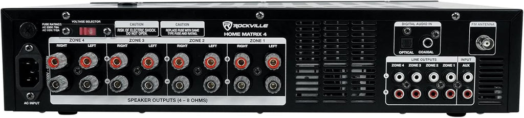 Rockville Home Matrix 4 600W Multi Room Receiver/Amplifier  8-Channel (4 Zones)  Bluetooth  USB  Optical  Coaxial  RCA  Mic Inputs