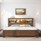 EnHomee King Size Bed Frame with 4 Storage Drawers, King Bed Frame and Headboard with LED Lights & Charging Ports,No Box Spring Needed,NO Noise,Wooden,Brown