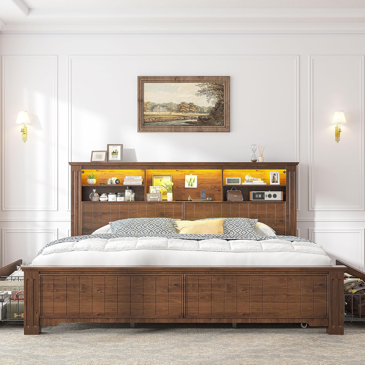 EnHomee King Size Bed Frame with 4 Storage Drawers, King Bed Frame and Headboard with LED Lights & Charging Ports,No Box Spring Needed,NO Noise,Wooden,Brown