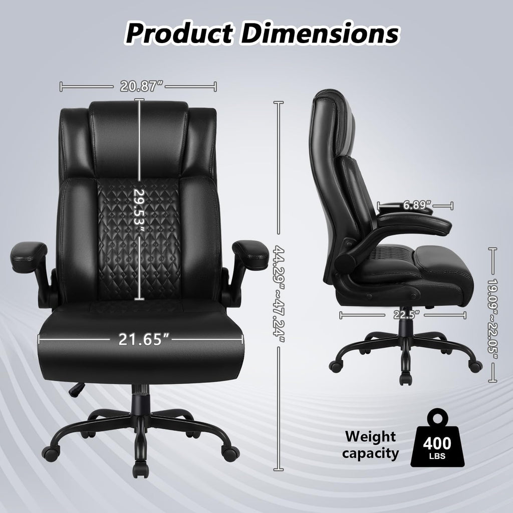Big and Tall Office Chair 400LBS, Heavy Duty Executive Office Desk Chair with Flip-up Armrest, Ergonomic Swivel High Back Office Chairs with Lumbar Support, PU Leather, Black