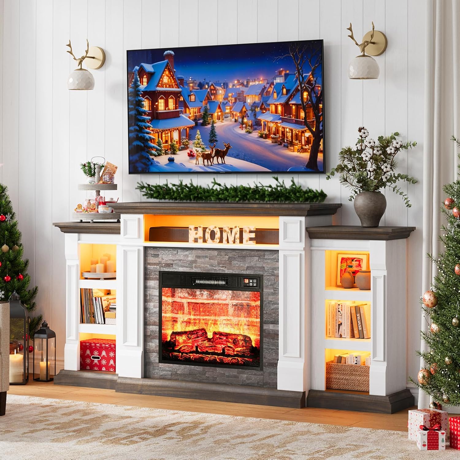 Naice 72" Electric Fireplace with Mantel and Cabinets, Fireplace TV Stand for TVs up to 80", LED Light & Power Outlet, 23in Insert Heater w/Realistic Red Brick Flame for Living Room Bedroom,Brown