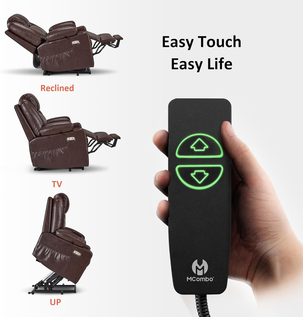 MCombo Electric Power Lift Recliner Chair Sofa with Massage and Heat for Elderly, 3 Positions, 2 Side Pockets, and Cup Holders, USB Ports, Faux Leather 7040 (Dark Brown, Medium)