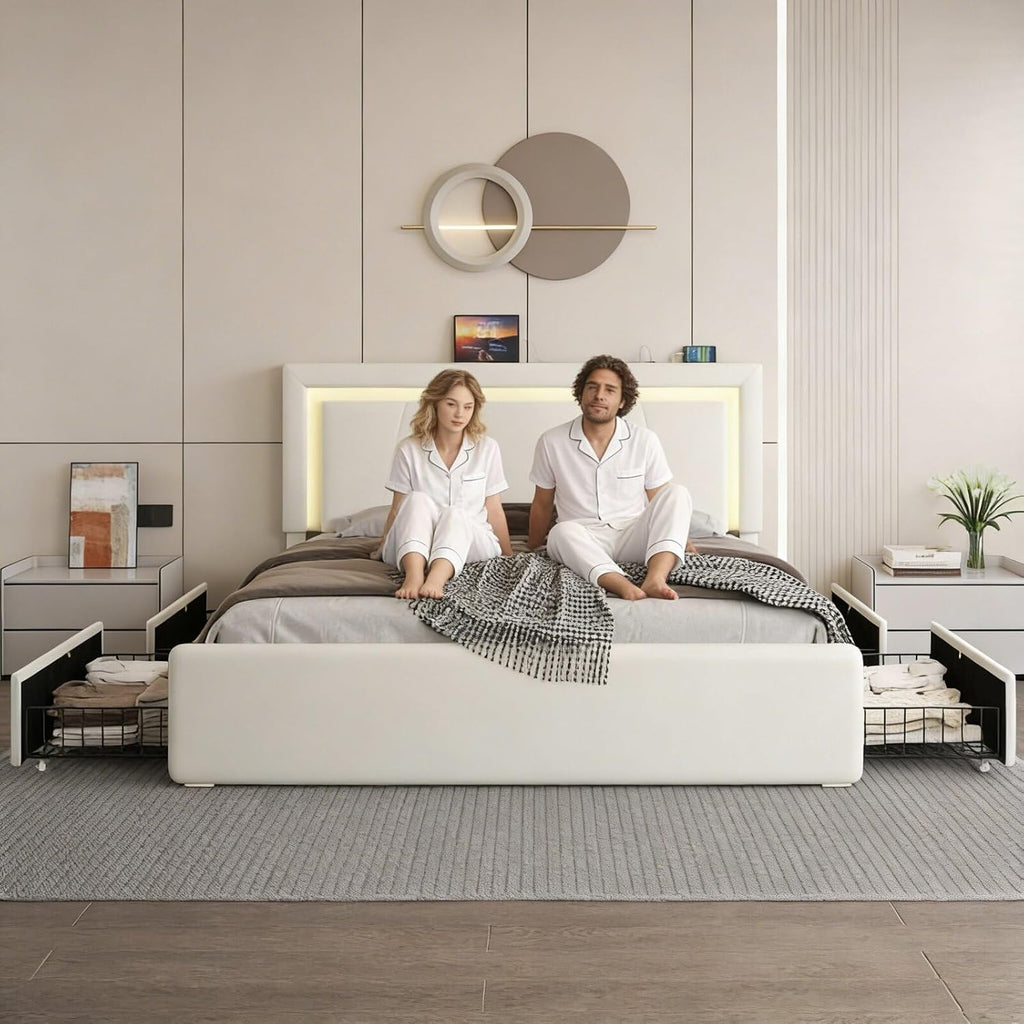 Full Size Bed Frame with 4 Storage Drawers and LED Lights, Upholstered Platform Bed with Adjustable Headboard and Charging Station, Metal Slats Support, No Box Spring Needed,Easy Assembly, White