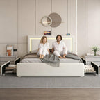 Full Size Bed Frame with 4 Storage Drawers and LED Lights, Upholstered Platform Bed with Adjustable Headboard and Charging Station, Metal Slats Support, No Box Spring Needed,Easy Assembly, White