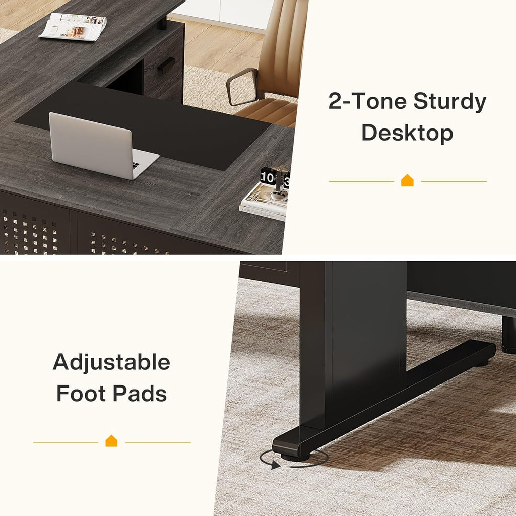 Tribesigns 63-Inch L-Shaped Executive Desk with Storage Shelves, Large Office Computer Desk with Drawers and File Cabinet, Industrial Business Workstation for Home Office, Gray and Black
