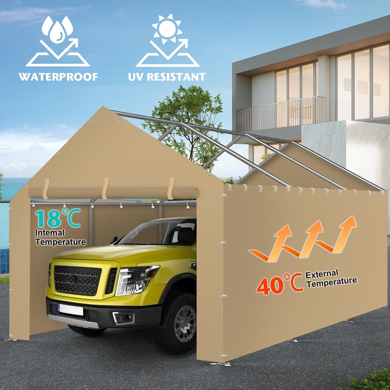 Carport Canopy Tent Sidewalls for 10x20x8.6FT Car Garage with Ball Bungees, Heavy Duty Portable Shelter Logic Replacement Covers (Frame is not Included) (Khaki)
