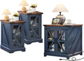 Farmhouse End Table Set 3, Narrow 18'' Night Stand with Glass Barn Door, 24" Square Side Table with Charger Station, Living Room Furniture Sets, Wood Nightstand Bedside Tables for Bedroom