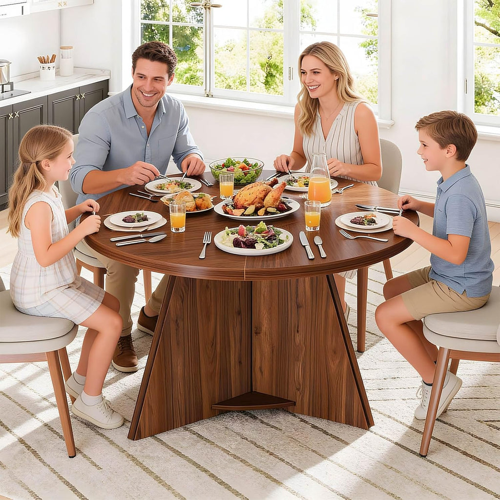 LVB Round Dining Table for 4-6, Mid Century Modern Walnut Circle Dinner Table, Brown Wood Pedestal Kitchen Table with Wooden Base for Dining Room, Kitchen, Living Room, 43 inch