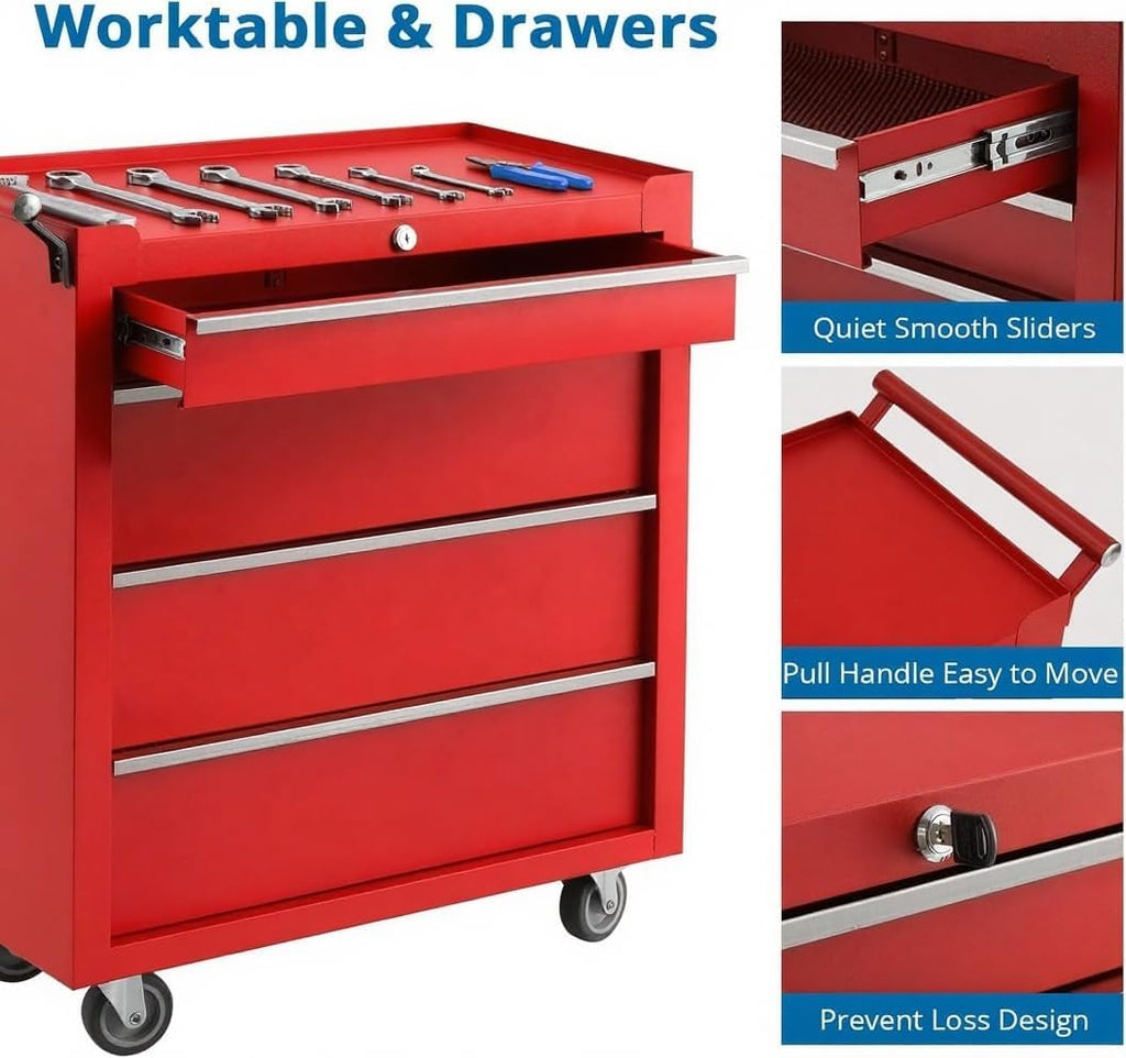 Heavy-Duty Rolling Tool Chest with 4 Lockable Drawers, Featuring a Sturdy Metal Cabinet and Smooth-Wheeling Mobility, Includes Protective Drawer Liners for Secure Storage