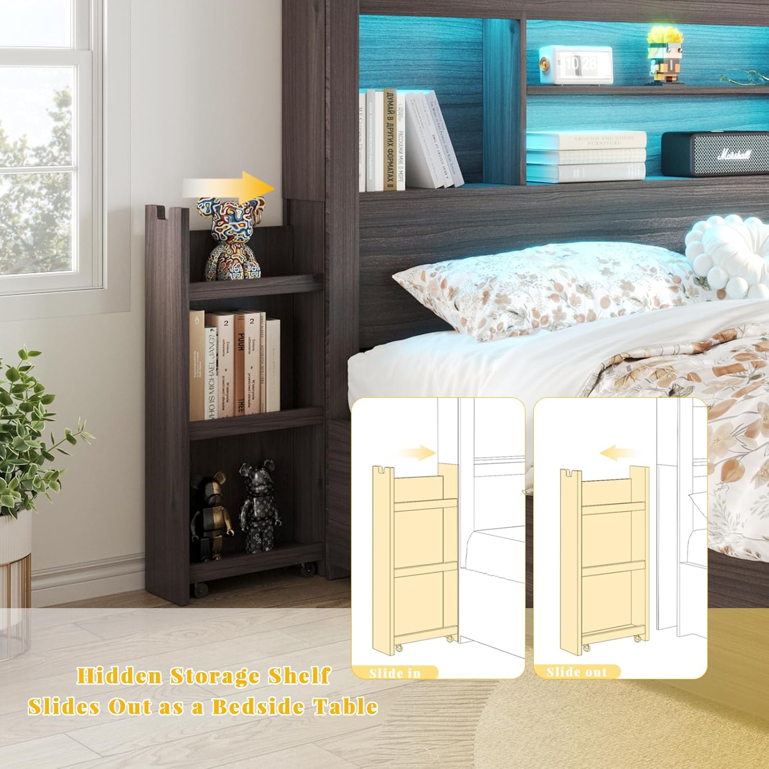 King Bed Frame with 49.6" Bookcase Headboard & 2 Bedside Stoage Racks & 4 Drawers, Farmhouse Wood Bed Frame with RGB LED & Charging Station, No Box Spring Needed, Black
