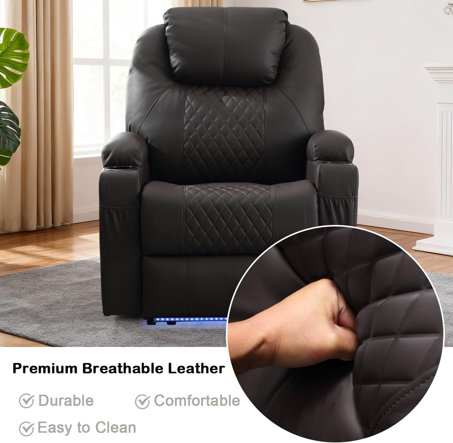 Power Recliner Chair with Heat and Massage for Adults - Home Theater Seating with LED Lights,Cup Holders,Side Pocket,USB Port - Recliner Sofa for Living Room (Brown, Single Recliner)