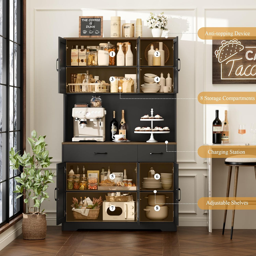 HOSTACK 71" Pantry Cabinet with Charging Station, Tall Kitchen Pantry Storage Cabinet with Microwave Stand, Farmhouse Kitchen Hutch with Storage Drawers for Living Room, Dining Room, Black