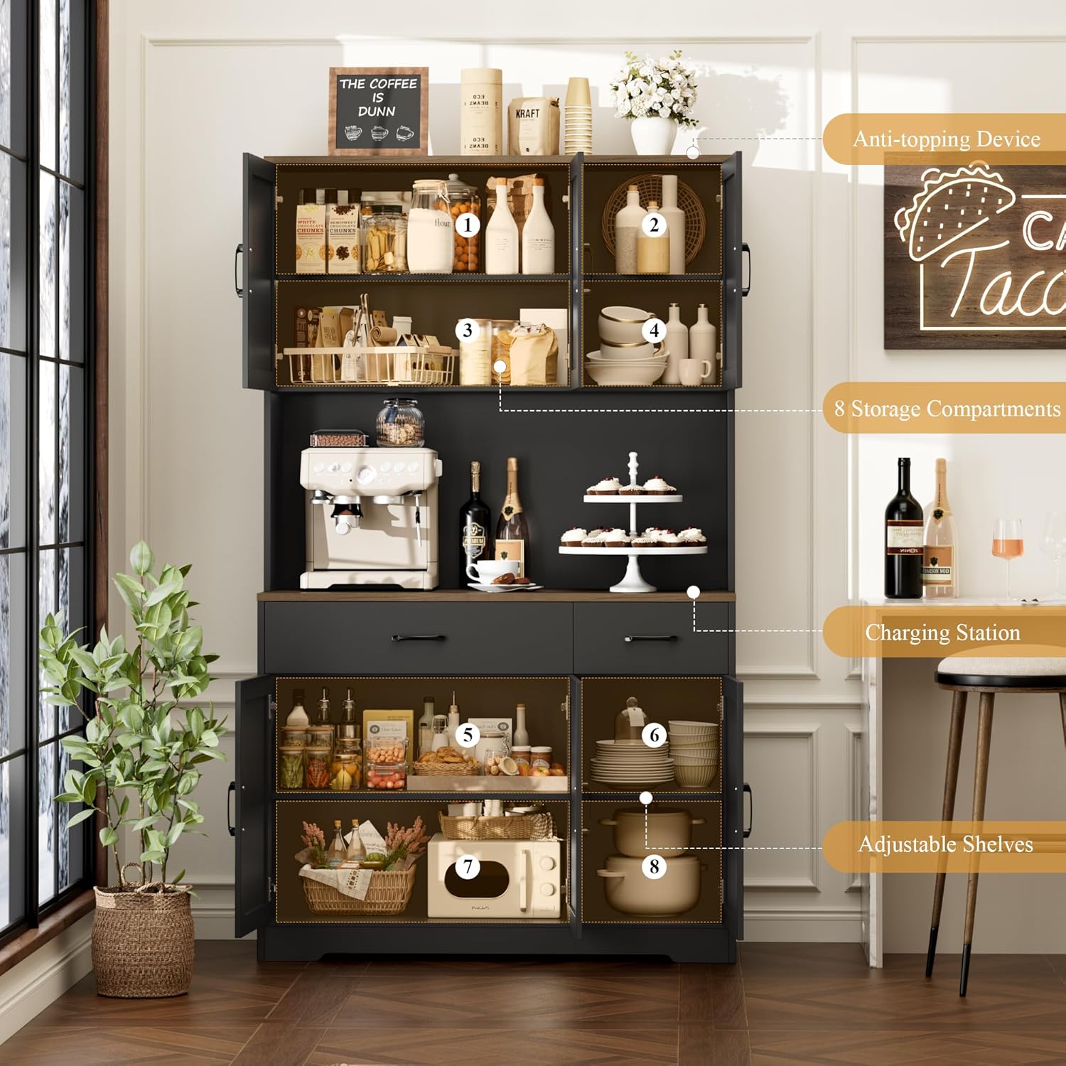 HOSTACK 71" Pantry Cabinet with Charging Station, Tall Kitchen Pantry Storage Cabinet with Microwave Stand, Farmhouse Kitchen Hutch with Storage Drawers for Living Room, Dining Room, Black