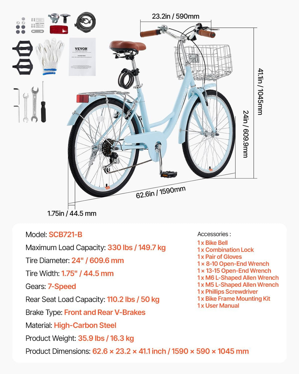 VEVOR Women Bike, 7-Speed and 1-Speed, 24-26 Inch Pink and Light Blue Beach Cruiser Bike, with Large Capacity Basket and Rear Rack, Adjustable Seat, Fits for Cycling, Exercise & Shopping