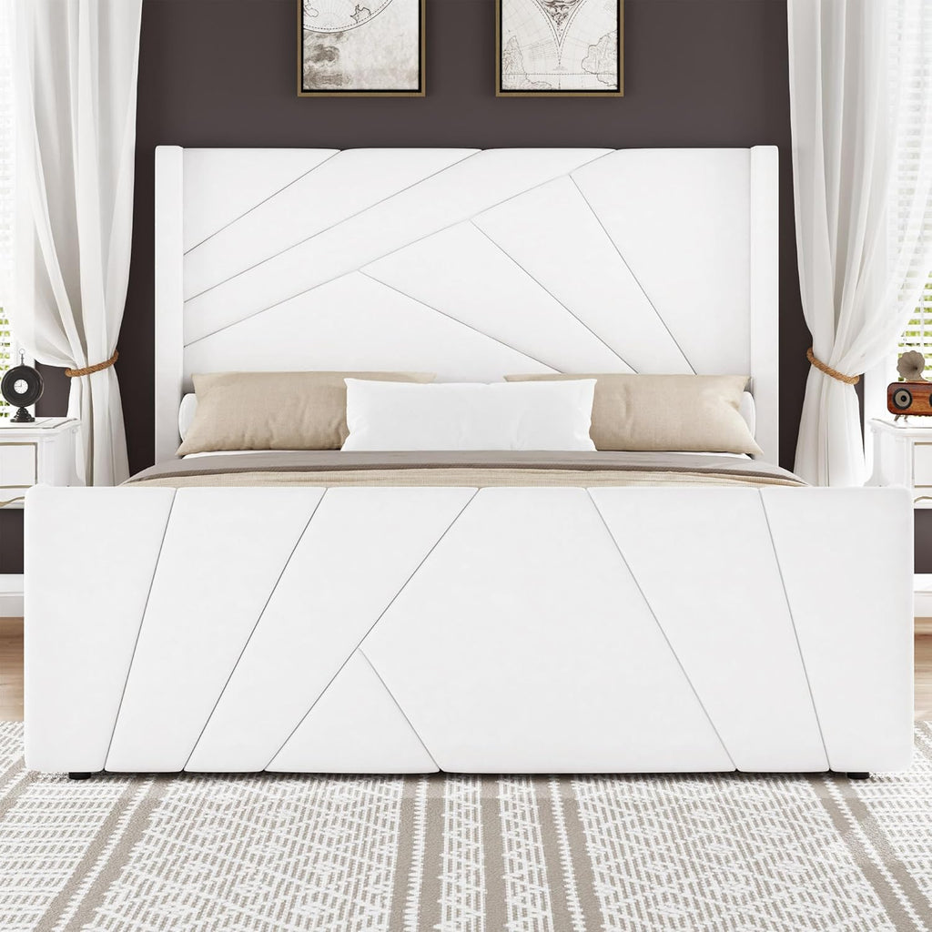 BarnFurin Queen Size Bed Frame, Velvet Upholstered Platform Bed with Geometric Tufted Headboard & Footboard, Wingback Design, Mattress Foundation with Wooden Slats, Cream White