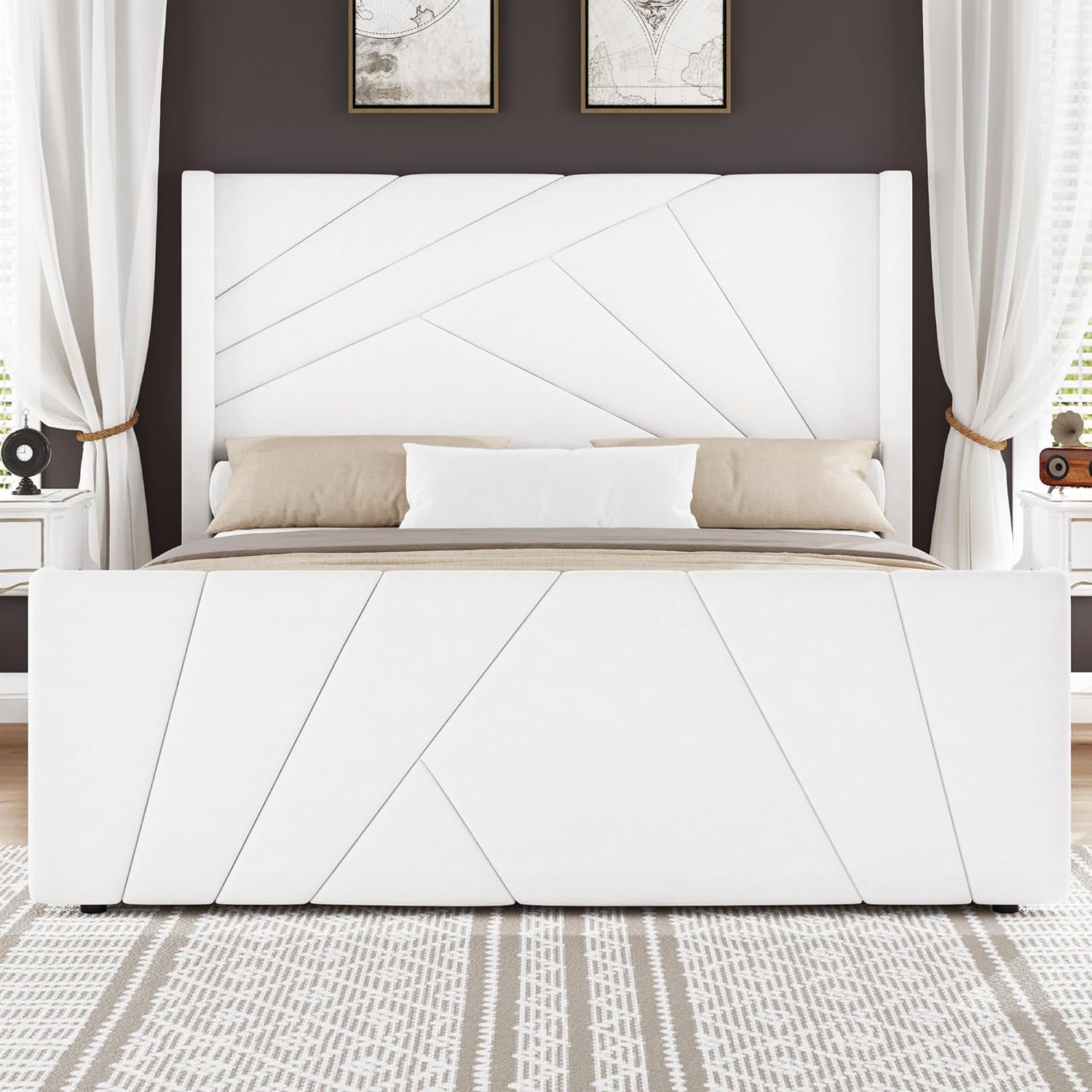 BarnFurin Queen Size Bed Frame, Velvet Upholstered Platform Bed with Geometric Tufted Headboard & Footboard, Wingback Design, Mattress Foundation with Wooden Slats, Cream White