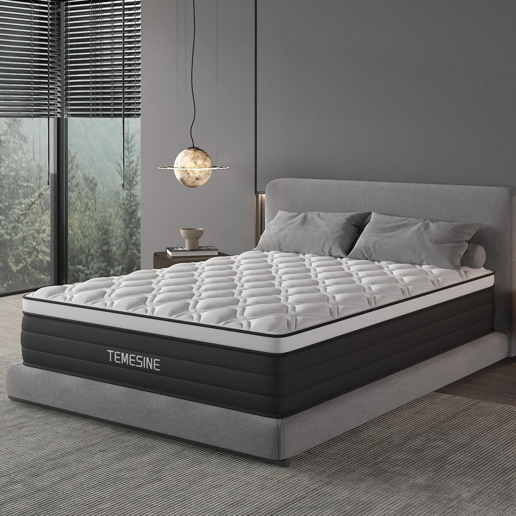 Queen Mattress, 14 Inch Hybrid Mattress in a Box with Individual Pocket Spring, Gel Memory Foam and Euro Top, Medium Firm Feel with Motion Isolation, Pressure Relief, Edge Support,Queen Size Black