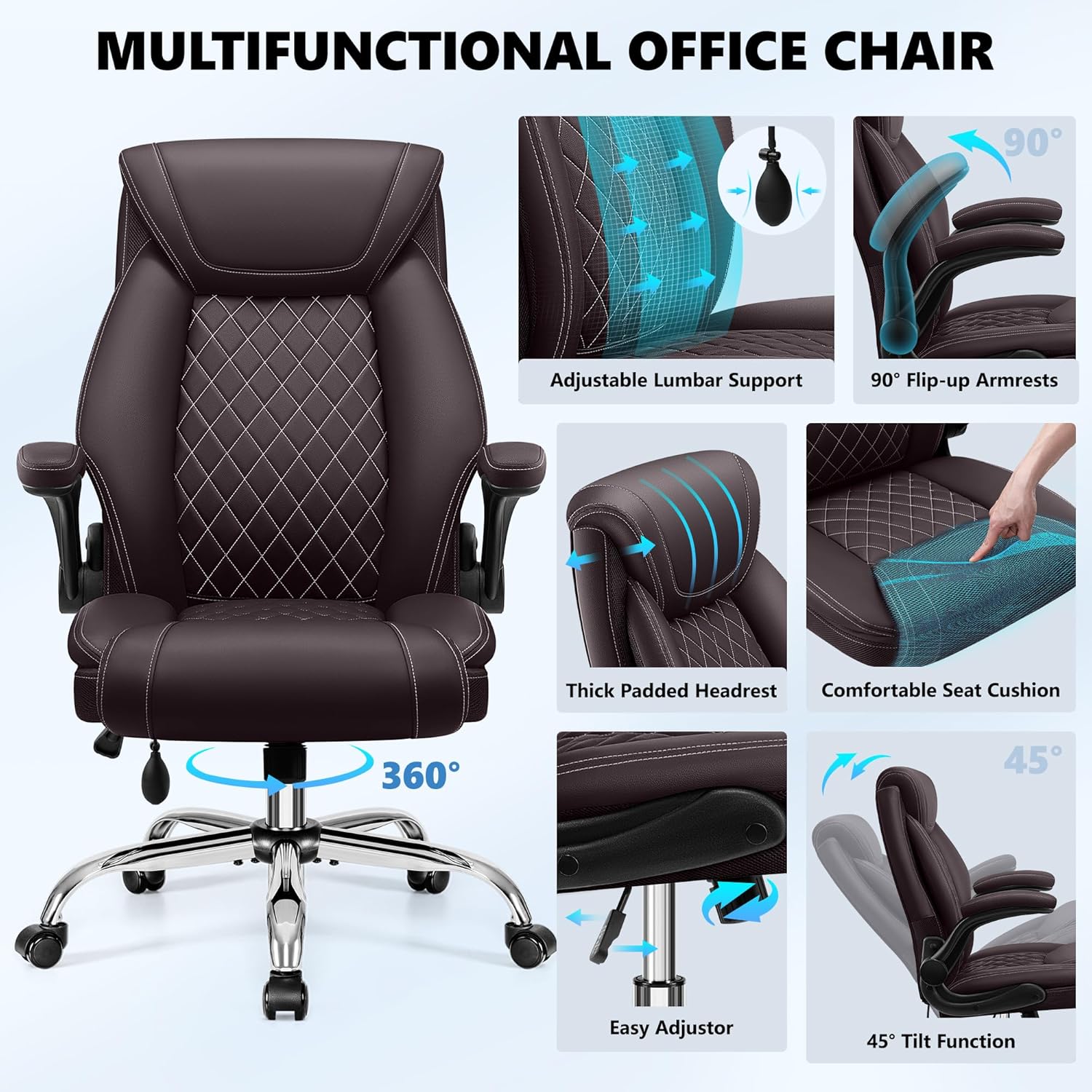 Office Chair, Big and Tall Ergonomic Desk Chair, Executive Leather Computer Chair with Adjustable Lumbar Support, Comfy Gaming Chair with Flip Up Arms, Swivel PC Chair with Rocking Function, Coffee