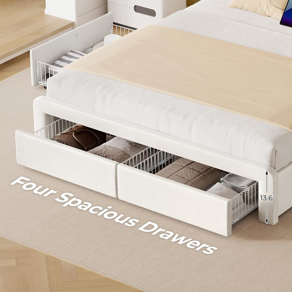 Seventable Full Size Bed Frame with 4 Storage Drawers & Charging Station, Upholstered Platform Bed with Storage Headboard and LED Light, No Box Spring Needed, Noise Free, Easy Assembly, Cream White