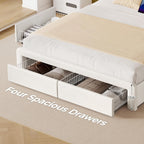 Seventable Full Size Bed Frame with 4 Storage Drawers & Charging Station, Upholstered Platform Bed with Storage Headboard and LED Light, No Box Spring Needed, Noise Free, Easy Assembly, Cream White